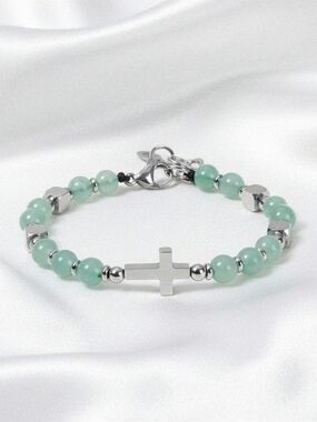 Green‎ Aventurine Beaded Bracelet W/  Cross Charm